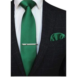 Men's Green Colour Formal Necktie and Pocket Square Tie Clip Sets